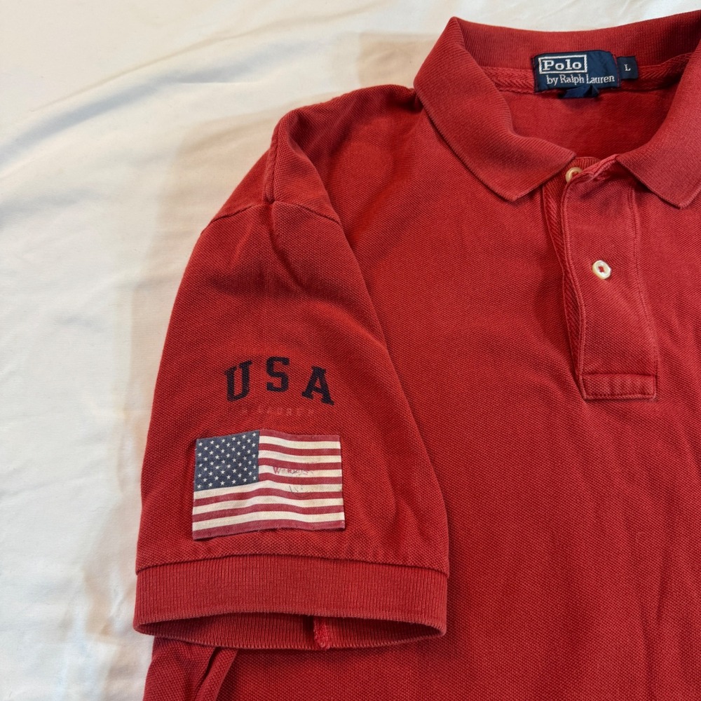 Y2K Polo Ralph Lauren Red USA Flag Big Pony Polo Shirt Men's Size Large - Picture 4 of 7